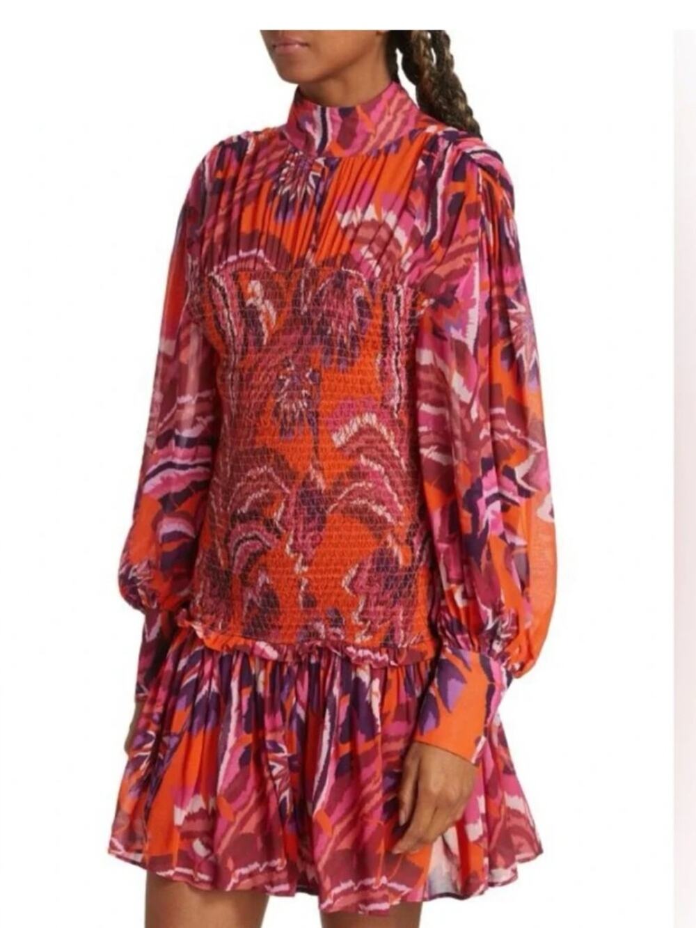 Farm Rio Chevron Forest Smocked Mini Dress Red Orange Boho Small Puff Sleeve